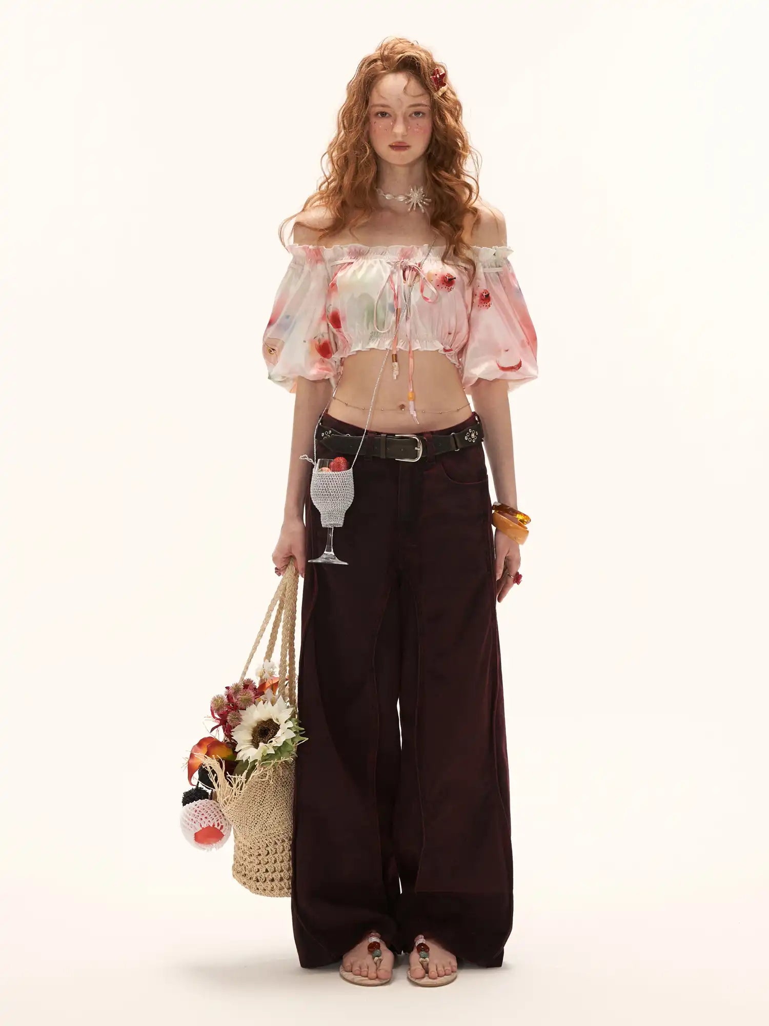 MAMC Y2K Fruity Ruffle Trim Satin Shirred Bardot Top | Canton Collective