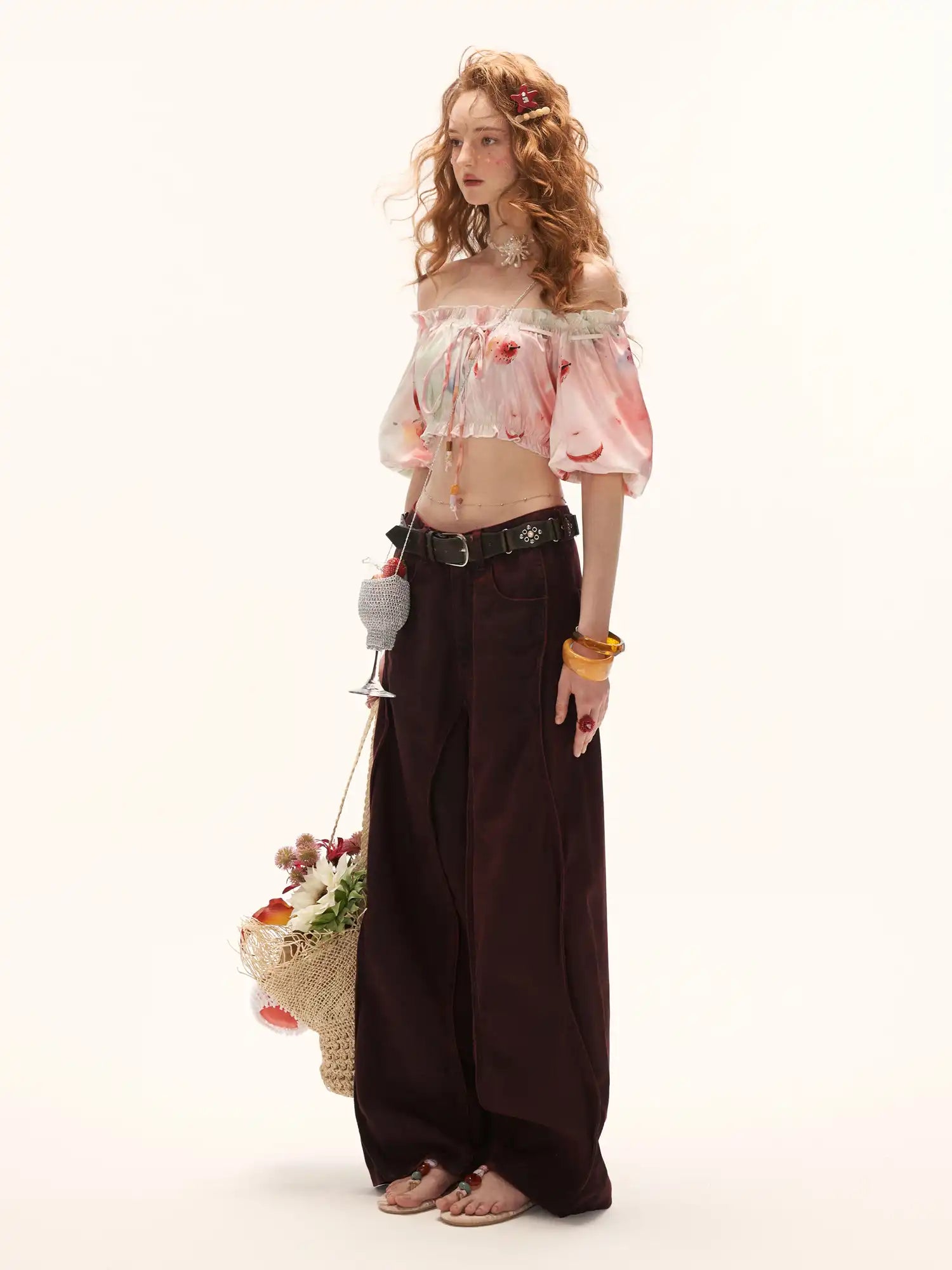MAMC Y2K Fruity Ruffle Trim Satin Shirred Bardot Top | Canton Collective