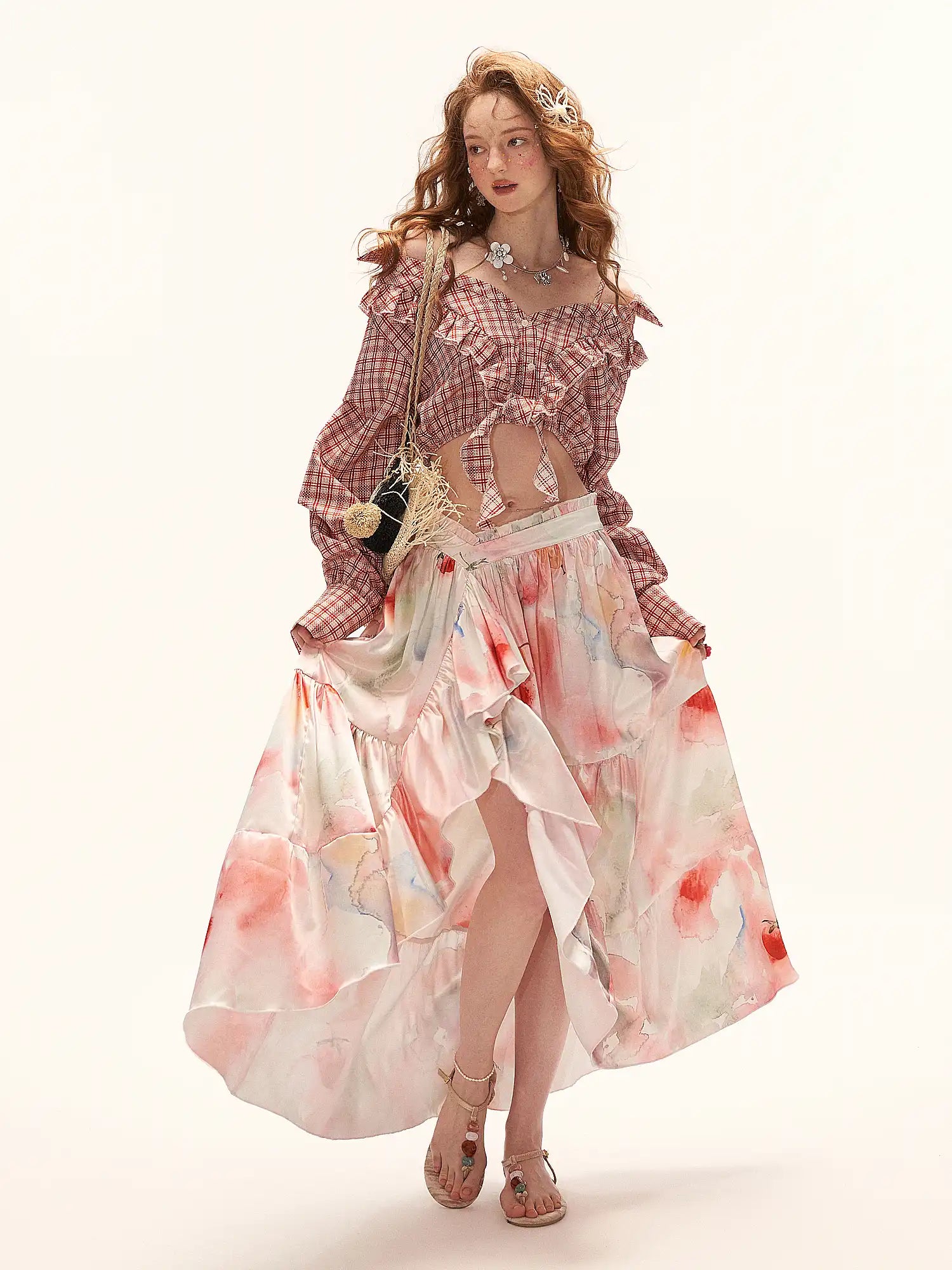 MAMC Y2K Fruity Tiered Ruffle Satin Wrap Skirt | Canton Collective