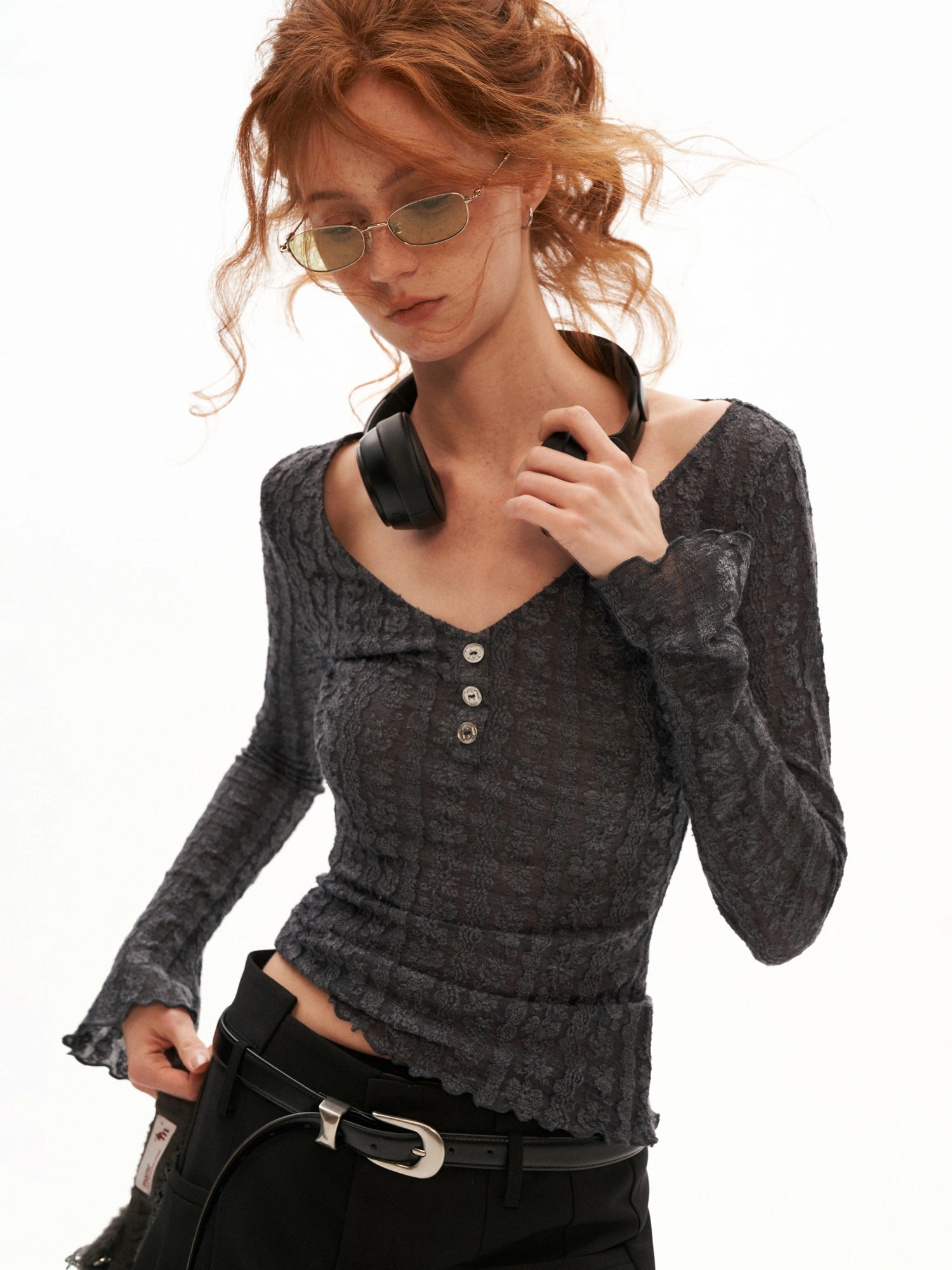 MAMC Y2K Long Sleeve V Neck Button Top | Canton Collective