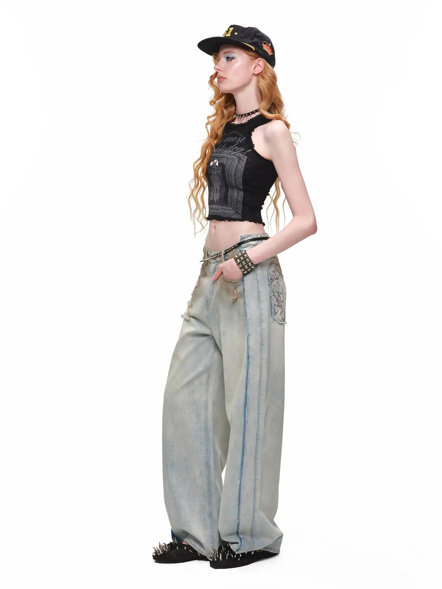 1Jinn Studio Y2K Punk Distressed Embroidered Baggy Jeans | Canton Collective