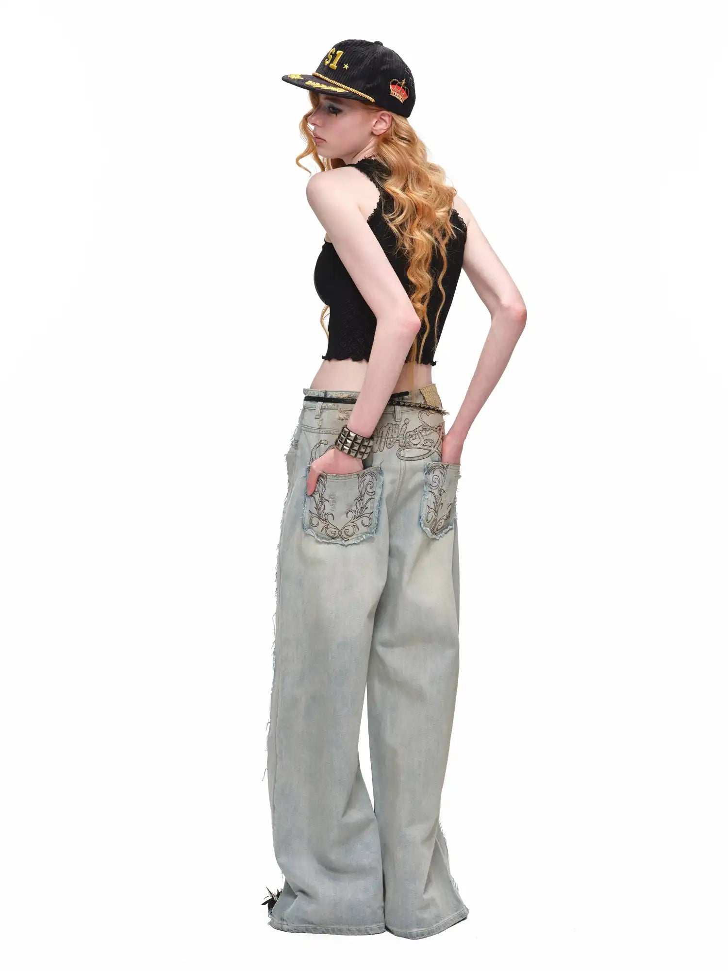 1Jinn Studio Y2K Punk Distressed Embroidered Baggy Jeans | Canton Collective