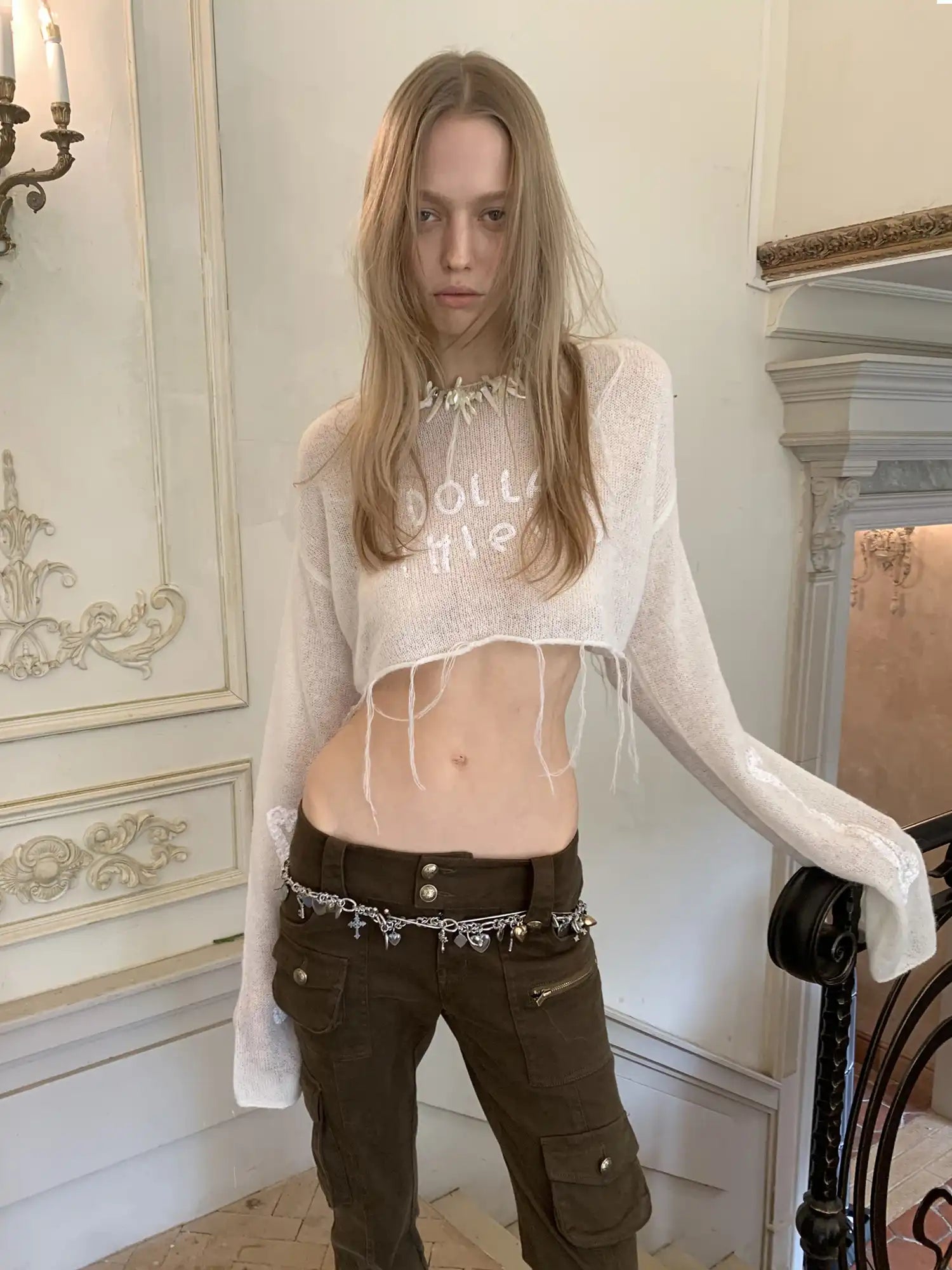 1Jinn Studio Y2K Sheer Sequin Skipper Cropped Sweater | Canton Collective