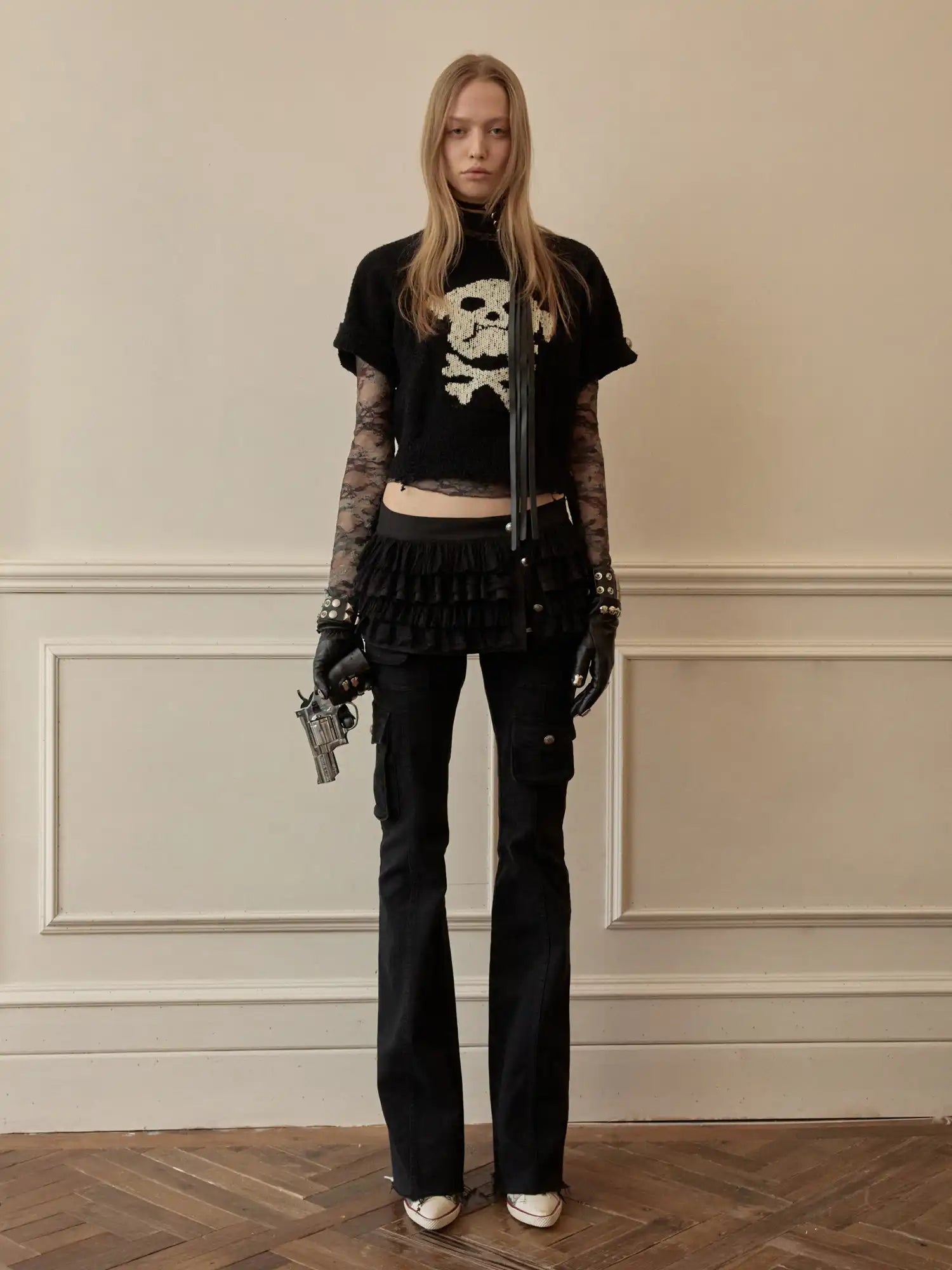 1Jinn Studio Y2K Skull Puppy Distressed Short-sleeve Crop Sweater | Canton Collective