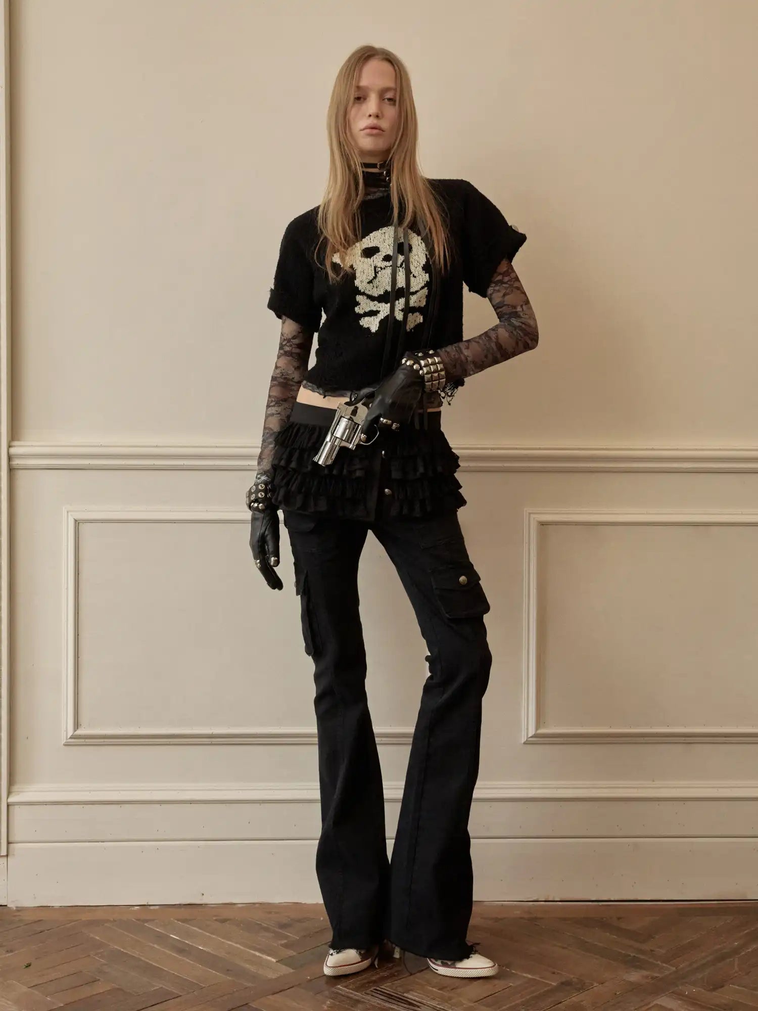 1Jinn Studio Y2K Skull Puppy Distressed Short-sleeve Crop Sweater | Canton Collective