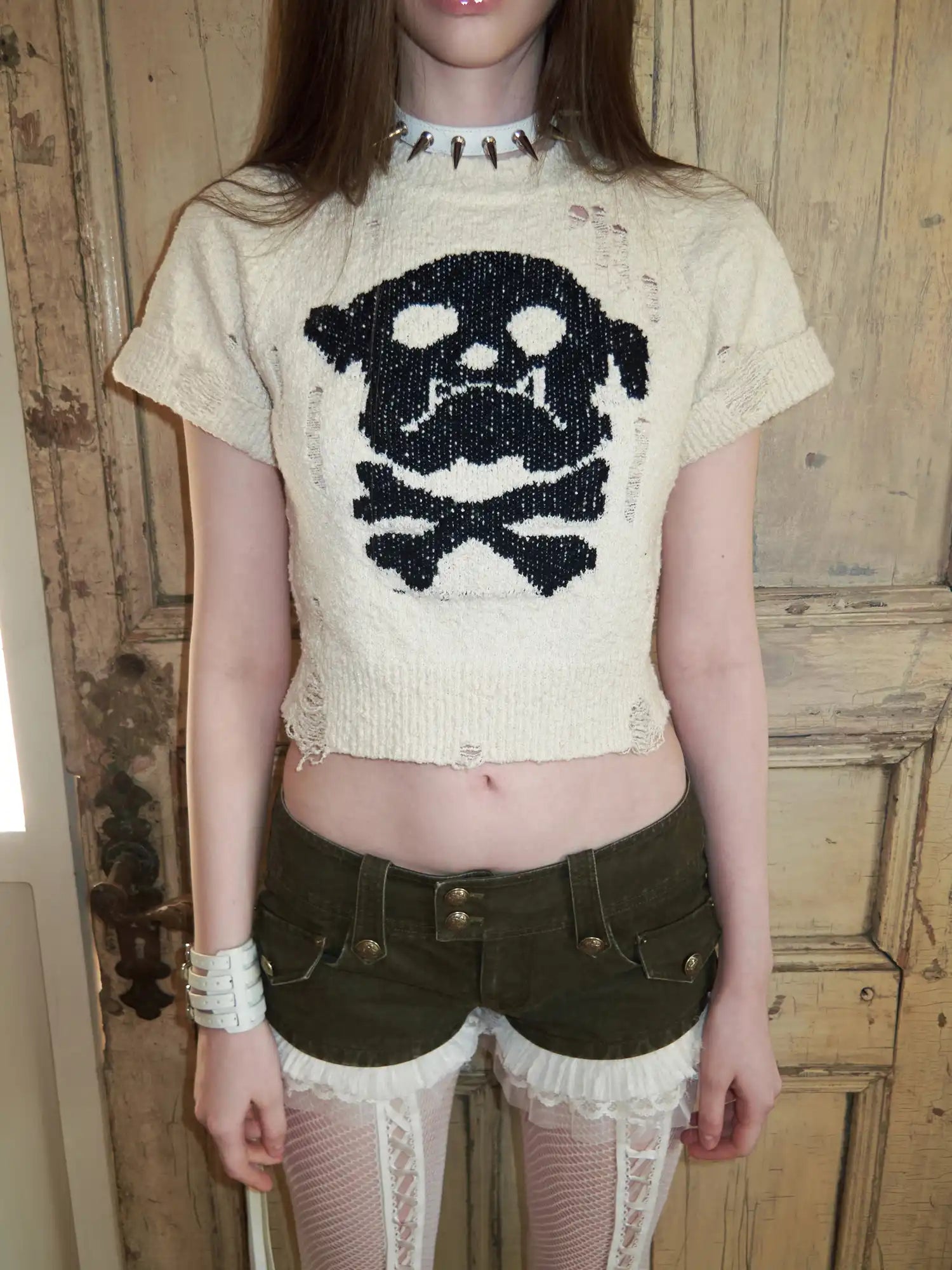 1Jinn Studio Y2K Skull Puppy Distressed Short-sleeve Crop Sweater | Canton Collective