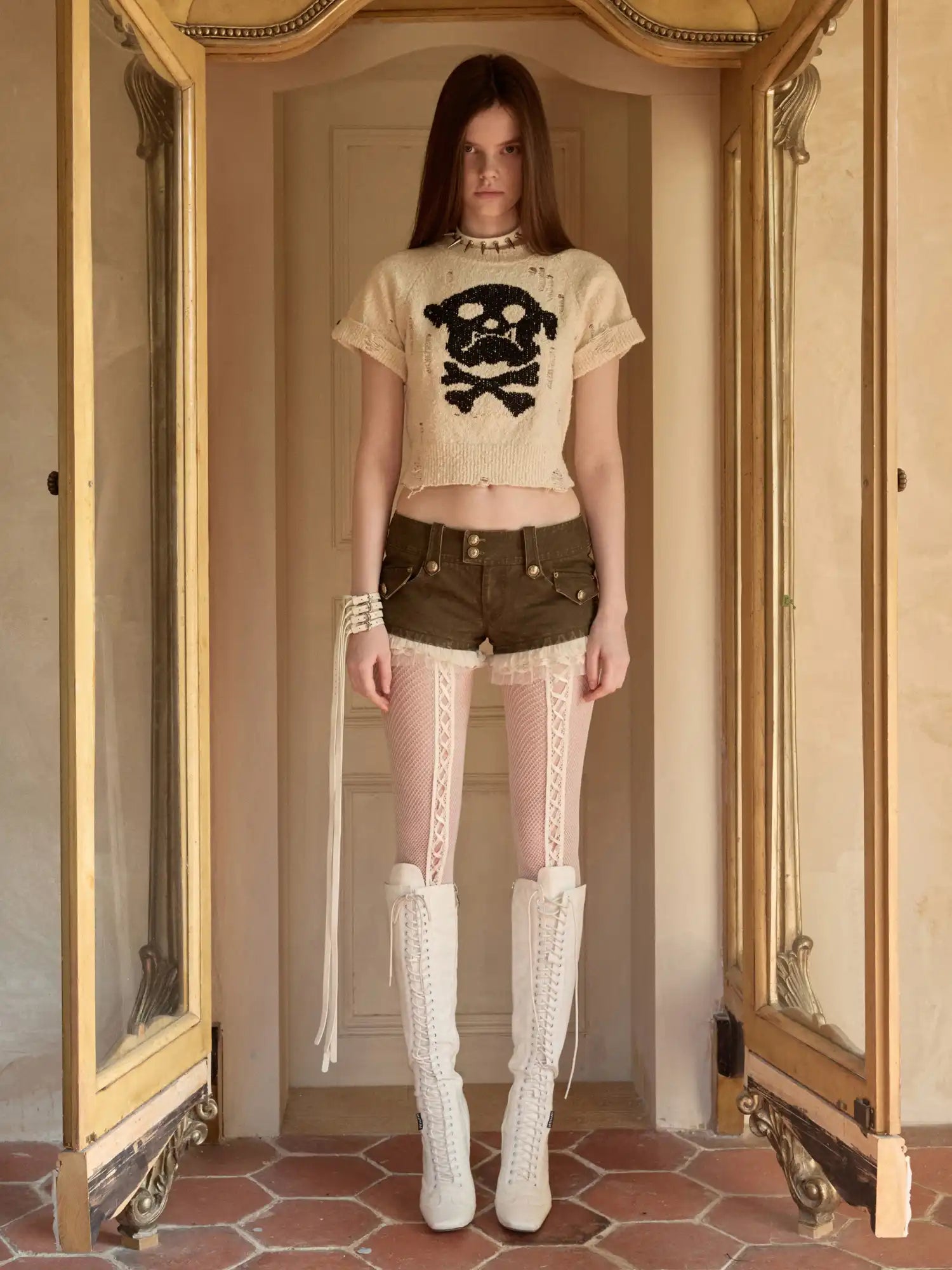 1Jinn Studio Y2K Skull Puppy Distressed Short-sleeve Crop Sweater | Canton Collective