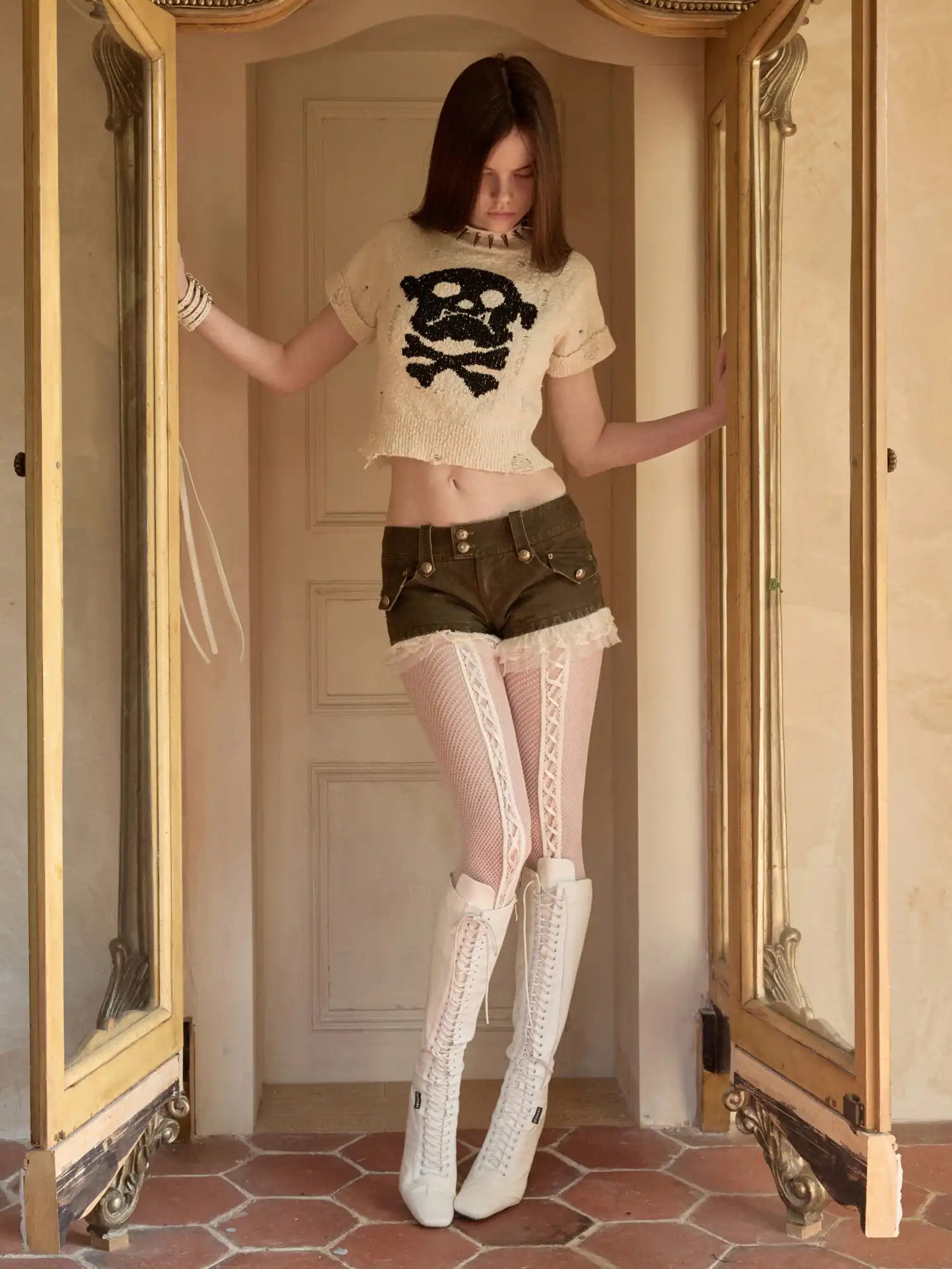 1Jinn Studio Y2K Skull Puppy Distressed Short-sleeve Crop Sweater | Canton Collective