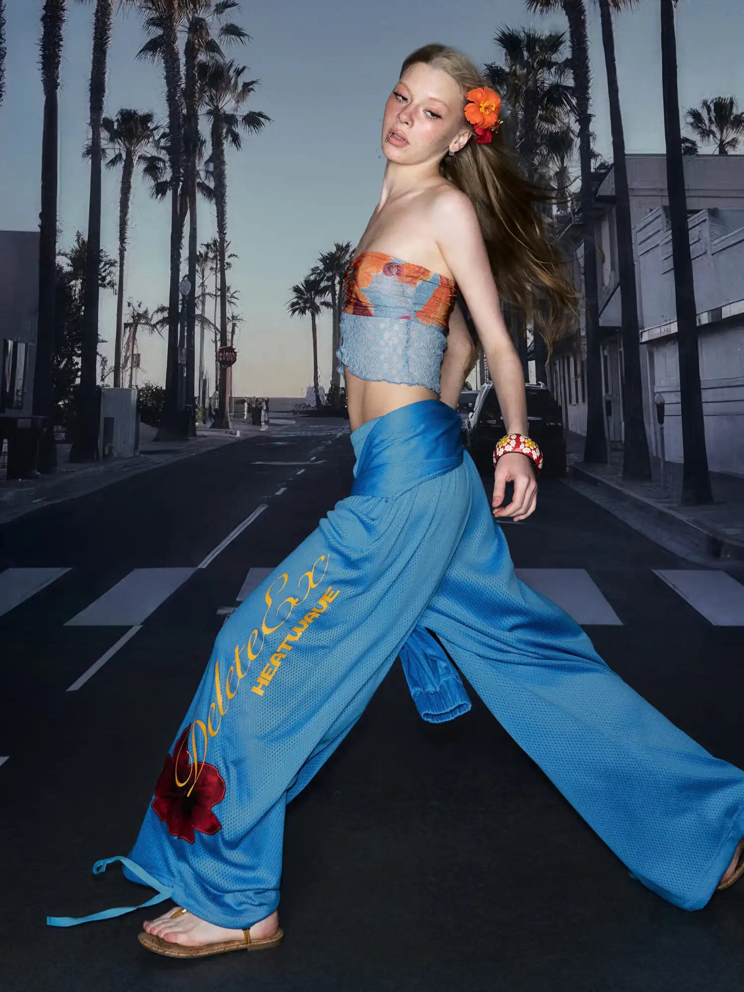 Deleteex Y2K Tie Waist Blue Beach Wide Leg Pants | Canton Collective