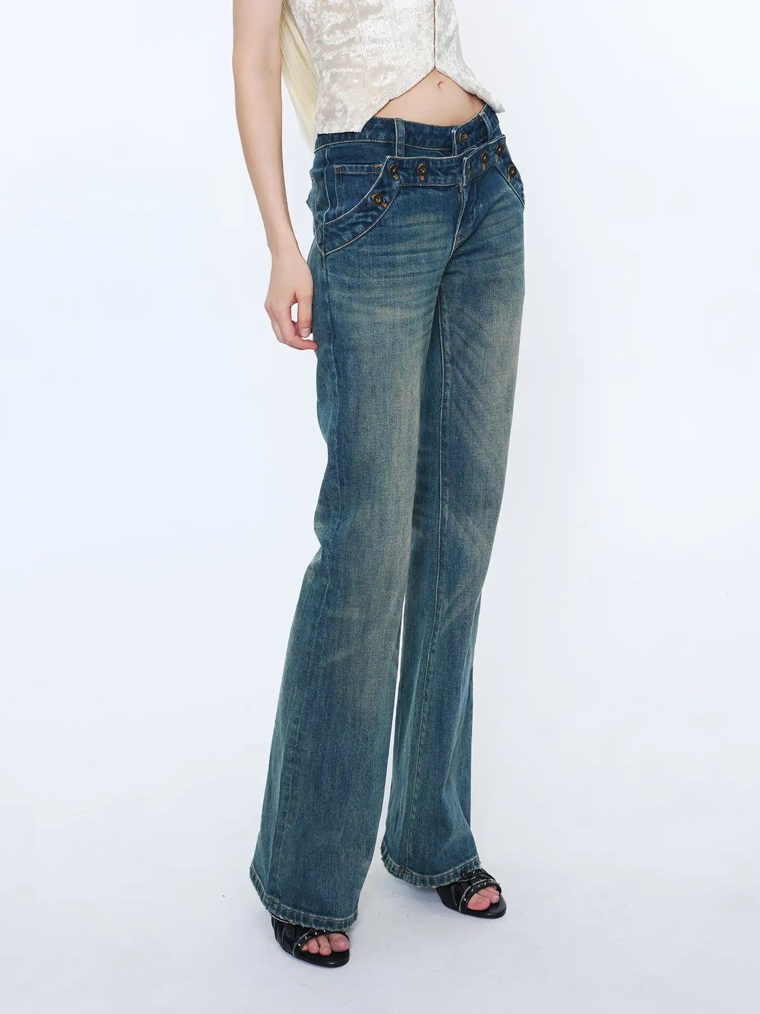 2th Desire Y2K Vintage Double Waistband Button Denim Bootcut Jeans | Canton Collective