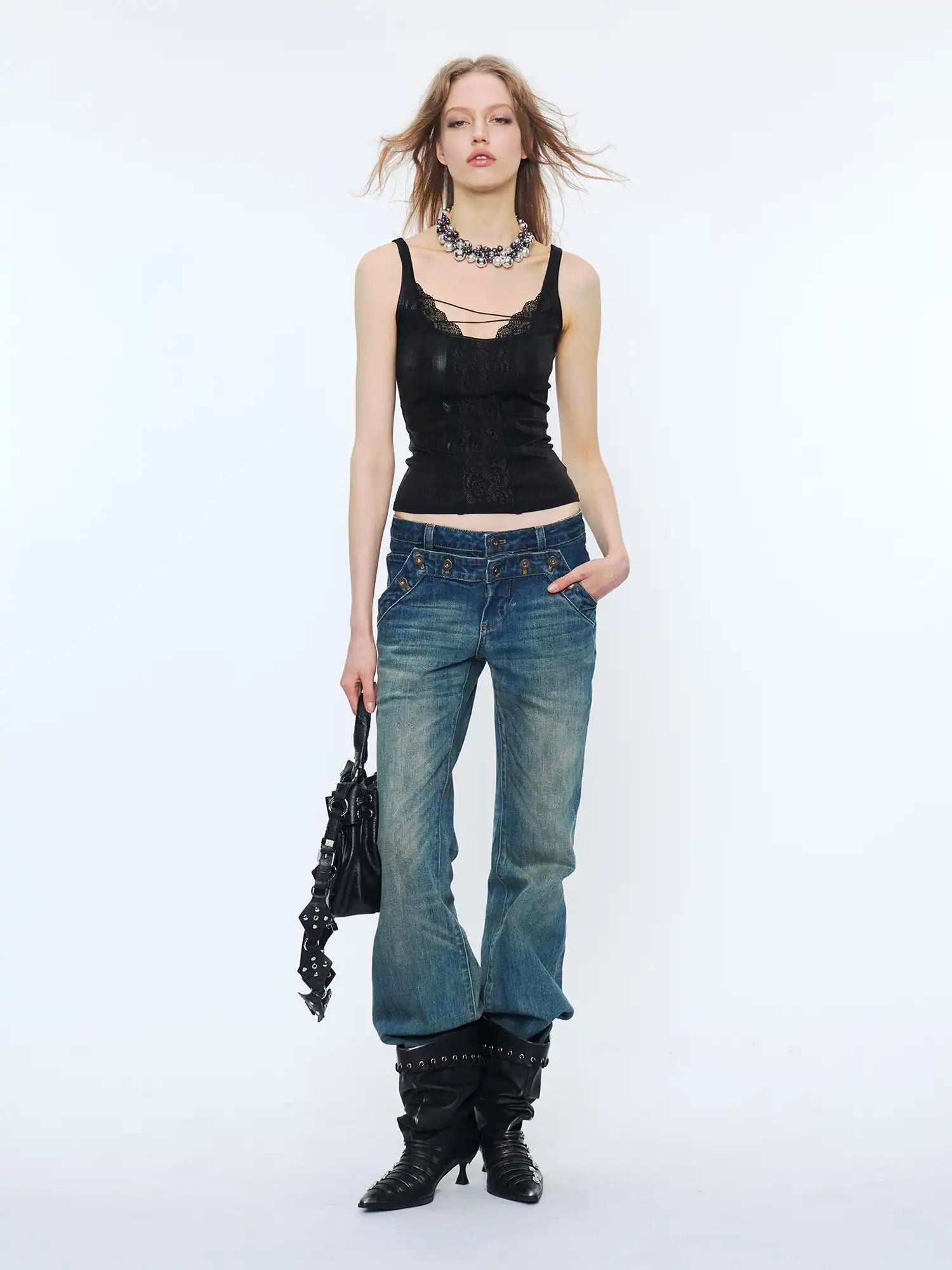 2th Desire Y2K Vintage Double Waistband Button Denim Bootcut Jeans | Canton Collective