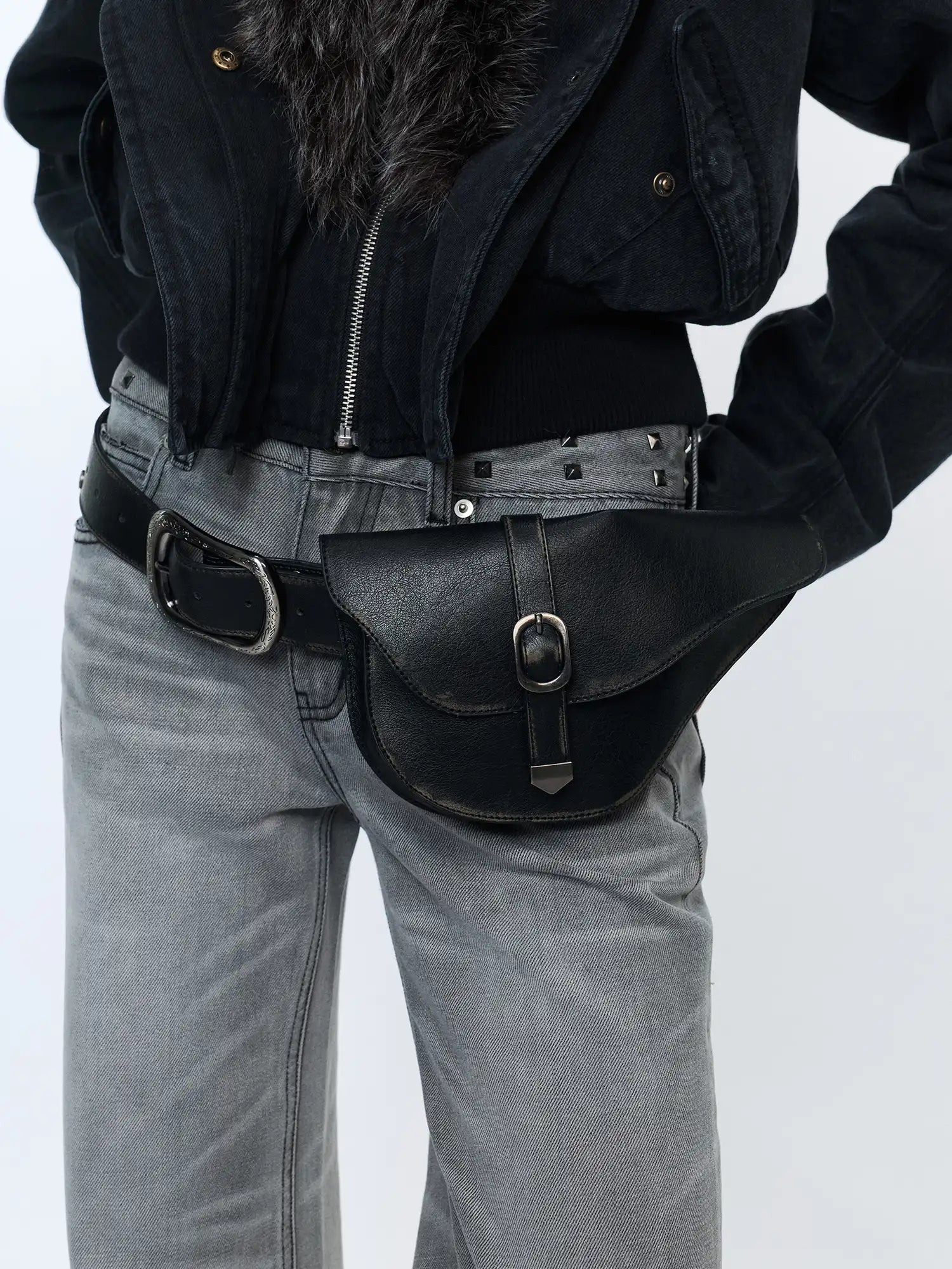 Y2K Western Leather Zip Belt With Detachable Saddle Waist Pouch