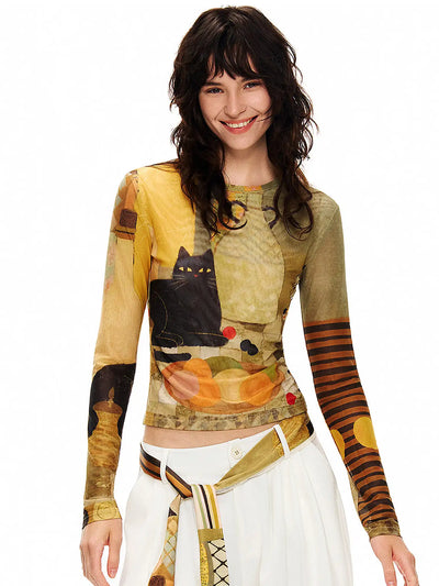 Outtheblue Whimsical Cat Long-Sleeve Fitted Crop Top | Canton Collective
